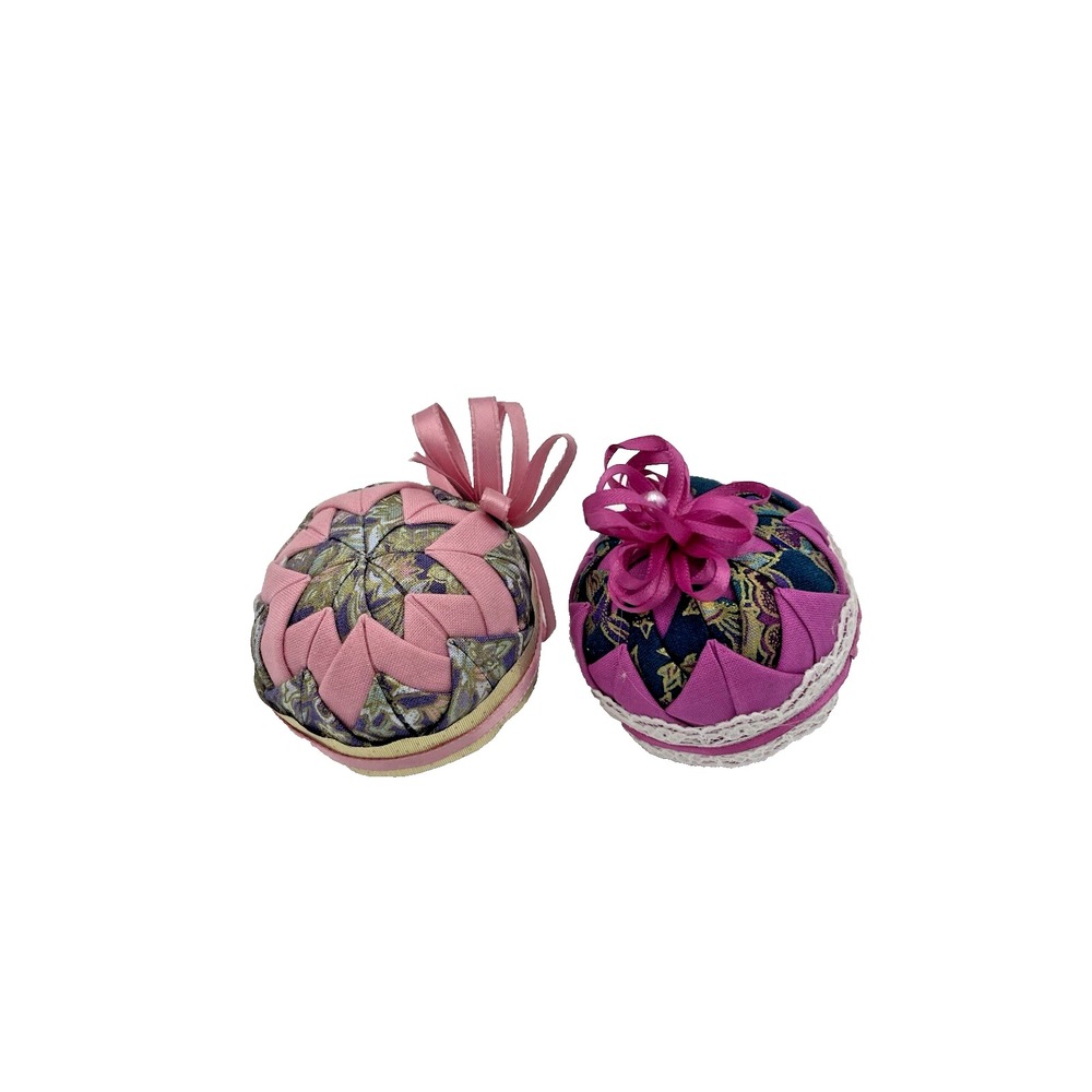 Vtg Handmade‎ Pink Folded Star Quilted Fabric Christmas Ornaments Lot of 2